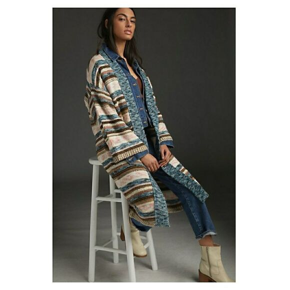 Anthropologie Lizzie Shimmer Knit Longline Cardigan Duster Kimono - Picture 1 of 11